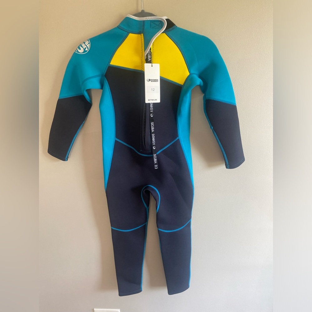 SCUBA DONKEY Kids Youth Size 12 Wetsuit Neoprene Black/Yellow‎ /Aqua NEW NWT